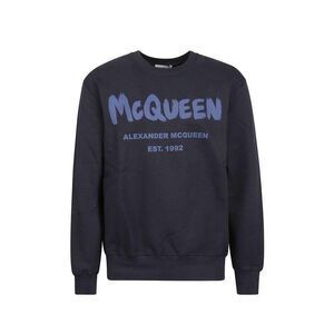 Alexander McQueen Cotton Crewneck Sweatshirt with Ribbed Trims Men Blue Sweaters